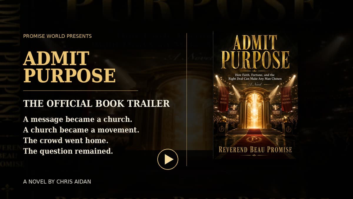 Admit Purpose official book trailer poster with the gold book cover and Promise World doorway